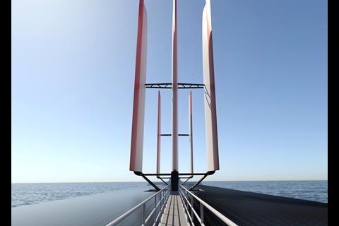 Windship Technology claims that 125,000dwt commercial vessels can achieve 30% fuel savings by using its three-wing aerofoil set. (credit: Windship Technology)